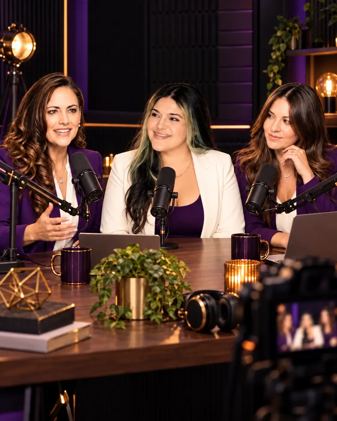 Three women recording a podcast in a professional studio